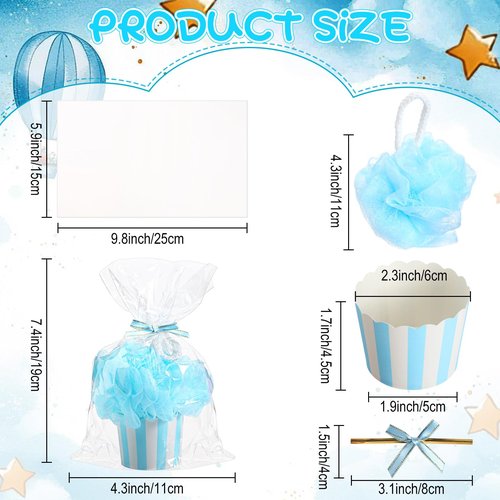 Afarnook 50 Set 50 Set Shower Loofahs for Guests Include Bath Sponge Loofahs with Cupcake Gift Packaging Bow and Clear Plastic Bags for Baptism Gender Reveal Birthday Wedding Stuffer (Blue)