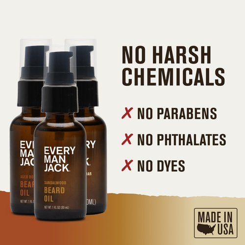 Every Man Jack Beard Oil Gift Set for Men – Full Size 3-pack - Sandalwood, Vanilla + Cedar & Aged Bourbon Scents – Softens Beard + Adds Shine - Naturally Derived w/Shea Butter – 1 fl oz (3 Pack)