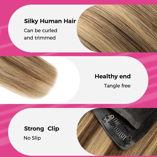 Lashey Seamless Clip in Hair Extensions Human Hair 4pcs 37g 14 Inch Straight Ombre Balayage Ash Brown Highlighted Honey Blonde with Natural Black Dark Roots
