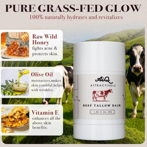 New Zealand Grass Fed Ethically-Sourced Beef Tallow for Skin– Stick with Vitamin E, Raw Honey, Olive Oil – Premium Ingredients & Cruelty-Free Tallow Face Moisturizer, Longevity & Firming (1.06 oz)