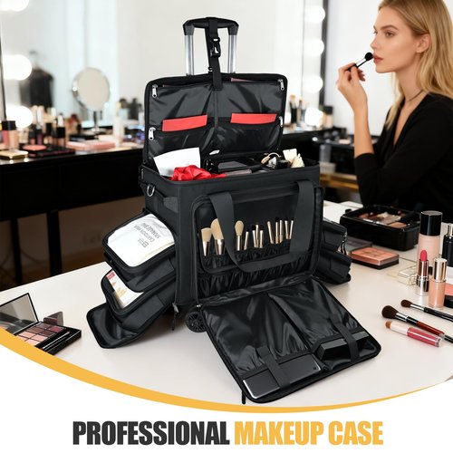 BatlFrist Rolling Cosmetic Bag with 4 Removable Bags,Professional Cosmetic Bag with Brushes Storage Section.Cosmetic Bag with Detachable Dividers (Patent Design)(Black)