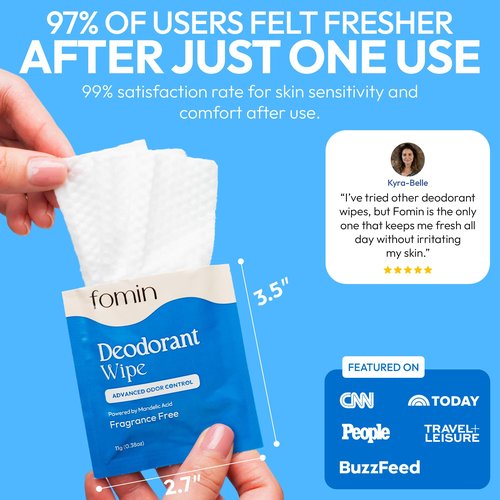 FOMIN Acidified Travel Deodorant Wipes For Women & Men - 30 Count - Fragrance Free - pH Balanced, Mini Deodorant Travel Size Wipe - Plastic-Free, Individually Wrapped Underarm Body Wipes