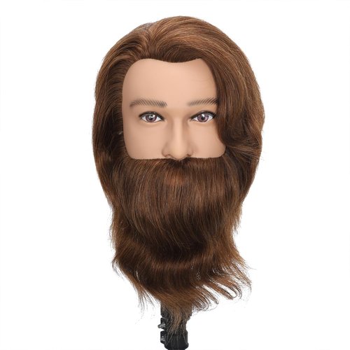 TKIMHEQ 14" Male Mannequin Head with Beard 100% Human Hair Haircut Manikin Head for Cosmetology Straight Thick Hair Doll Head with Human Hair with Stand Practice Cutting Styling (Brown#)