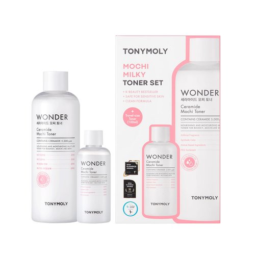 TONYMOLY Mochi Milky Toner Set – Hydrating Korean Toner with Ceramide, CICA, Panthenol & Hyaluronic Acid – Strengthens Skin Barrier, Soothes & Moisturizes – 500ml + 100ml Travel Size Duo