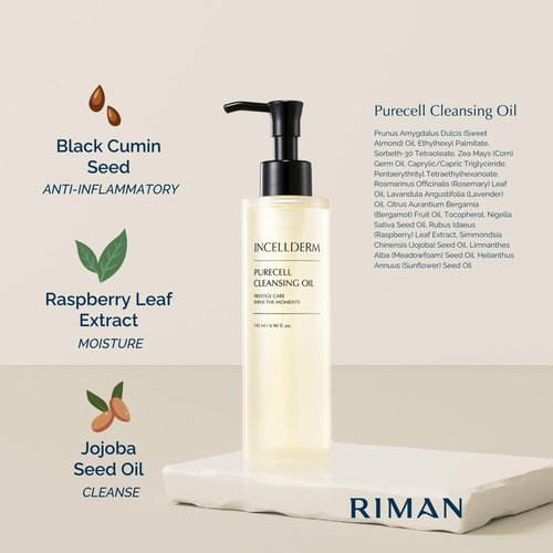 Riman Incellderm Purecell Cleansing Oil | 4.9 fl oz | Gentle Makeup Remover and Hydrating Cleanser | Suitable for Various Skin Types | Lightweight, Plant-Based Formula