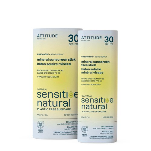 Bundle of ATTITUDE Mineral Sunscreen Face and Body Stick for Sensitive Skin, SPF 30, EWG Verified, Plastic-Free, Broad Spectrum UVA/UVB Protection with Zinc Oxide, Vegan, Unscented