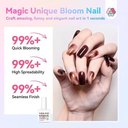 SAVILAND 30 ML Blooming Gel Nail Polish: 1-Second Quick Blooming Gel 2PCS Natural Castor Oil VE Marble Watercolor Gel Polish for Unique Bloom Nail Design Spreading Effect U V LED Manicure Salon Home