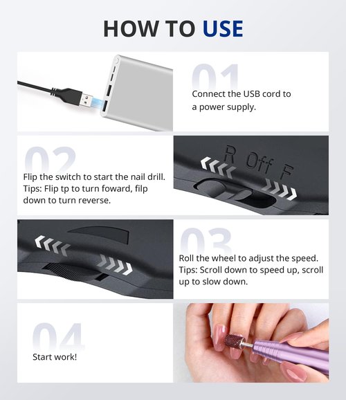 AIRSEE Studio Basic Electric Nail Drill, USB Portable Nail E File Machine for Professional Beginners, Manicure Pedicure Dremel Kit for Salon & Home Use , Purple