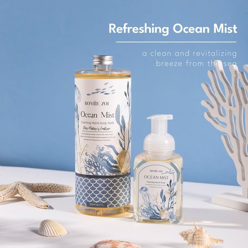 ROMIIE ZOI Hand Soap Refills, Foaming Hand Soap Natural Plant Moisturizing Handsoap Fragrance Ocean Mist - Soft Hand Wash for Kitchen & Bathroom - with Foam Soap Dispenser 1L/33.8oz Pack of 3