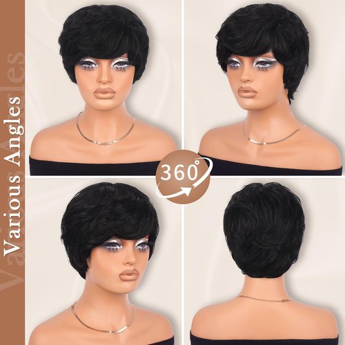 PEACOCO Short Pixie Cut Wig Human Hair for Black Women With Bangs Layered Wavy Wigs Glueless Human Hair Wear and Go Natural Black 1B