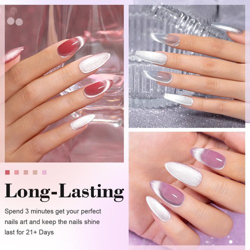 RARJSM Cat Eye Gel Nail Polish Set 6 Pcs Magnetic Sparkle Diamond Glitter Nude Pink Light Purple Red Silver Sheer Pink Velvet Ice Jelly Gel Polish with Magnet Stick UV LED Curing Requires Soak Off