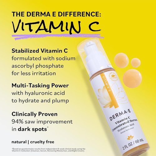 DERMA E Vitamin C Serum - Hydrating & Brightening with Hyaluronic Acid, 2 Oz | All-Natural Antioxidant Formula