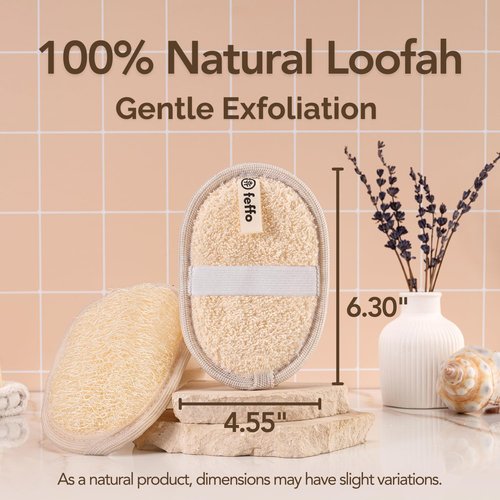 Feffo Natural Loofah Sponge for Body Scrub, Exfoliating Body Scrubber & Loofah with Handle, Exfoliating Pads, Loofah for Women, Men & Kids (2 Count - 1 Pack, Oval)