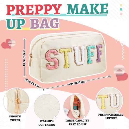 Shinylin 2 Pcs Travel Preppy Duffle Bag and Chenille Letter Makeup Pouch Cosmetic Zipper Patch Weekender Carry on Tote Bag for Women(Nude)