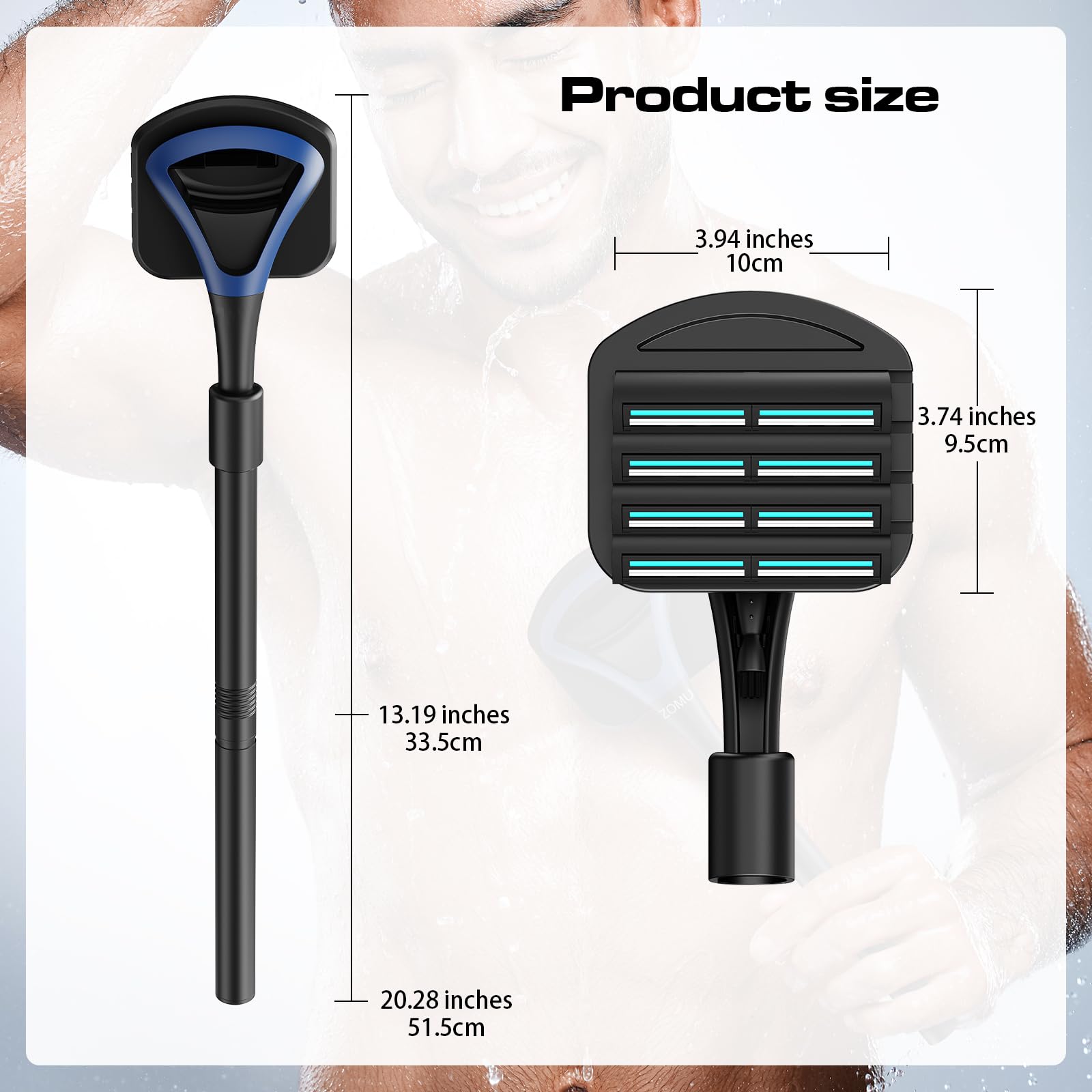 ZOMU Back Shavers for Men:Back Hair Shaver and Body Shavers for Men with Safety Blade Technology & Ergonomic DIY Long Handle, Wet or Dry Shaving,Blue(Replaceable 8PCS 3.5inch Blades Included)