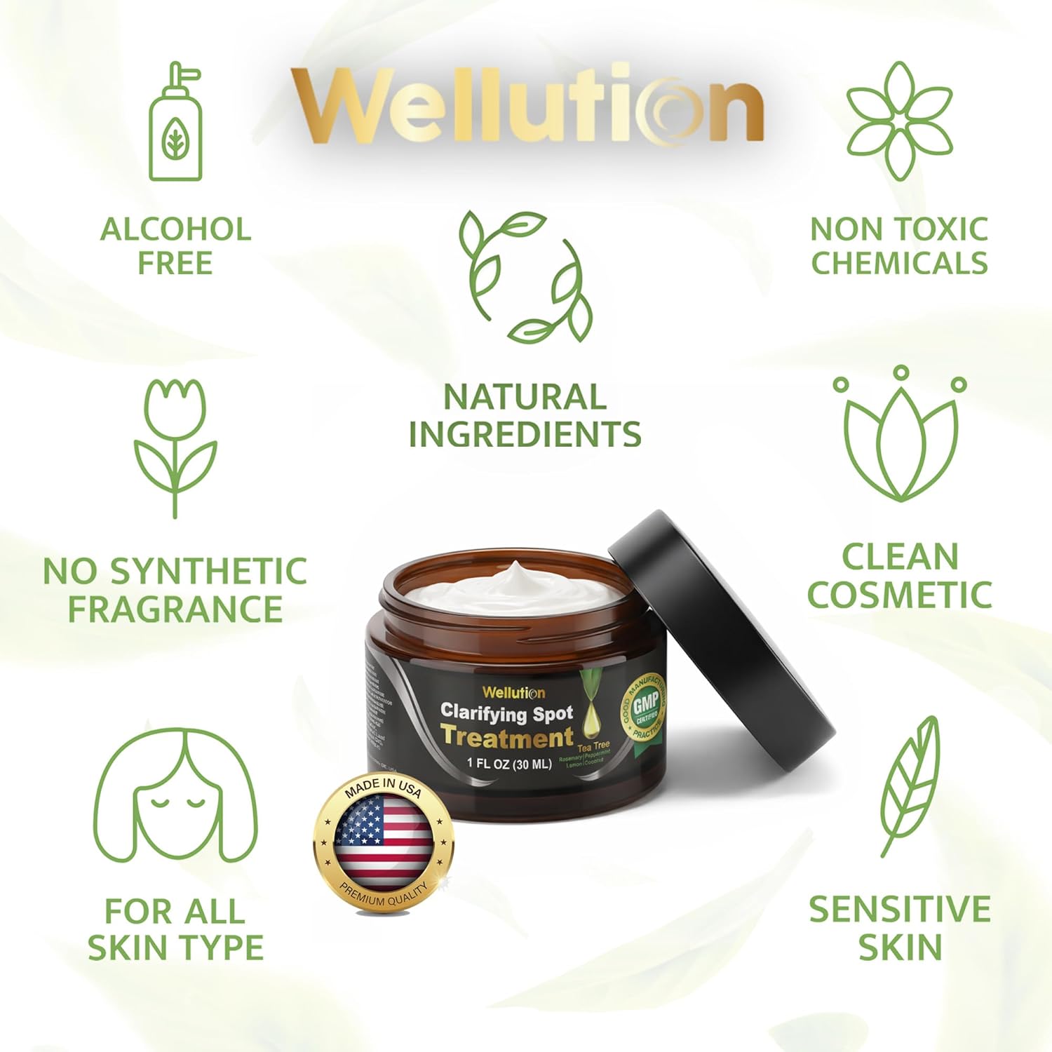 WELLUTION Cystic Acne Spot Treatment - Fast-Acting Tea Tree Cream for Pimples & Blemishes - 1oz Non-Greasy Formula