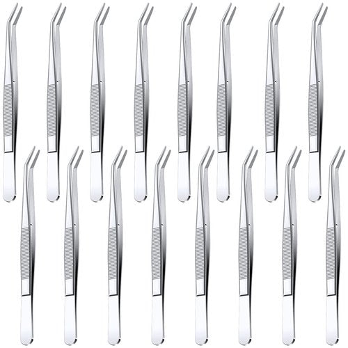 Honoson 16 Pcs Stainless Steel Tweezers for Crafting with Curved Serrated Tip Multipurpose Forceps Sewing Machine Tweezers Bulk (Silver)