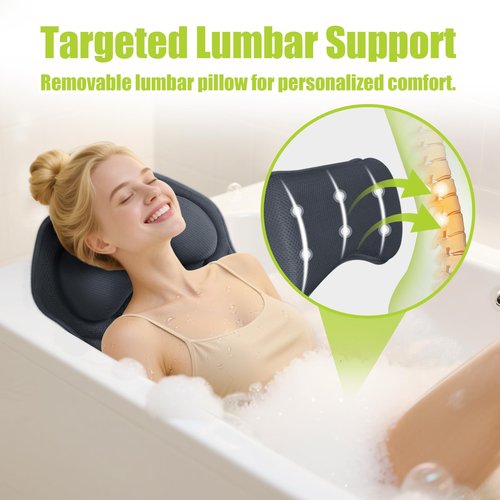 Bathland Full Body Bath Pillow for Tub - Extra Long & Thick Tub Pillow with Head, Back & Lumbar Support, 168 Non-Slip Suction Cups, Soft 5D Mesh Spa Cushion, Fits All Tubs-Gift for Soaking(Gray)