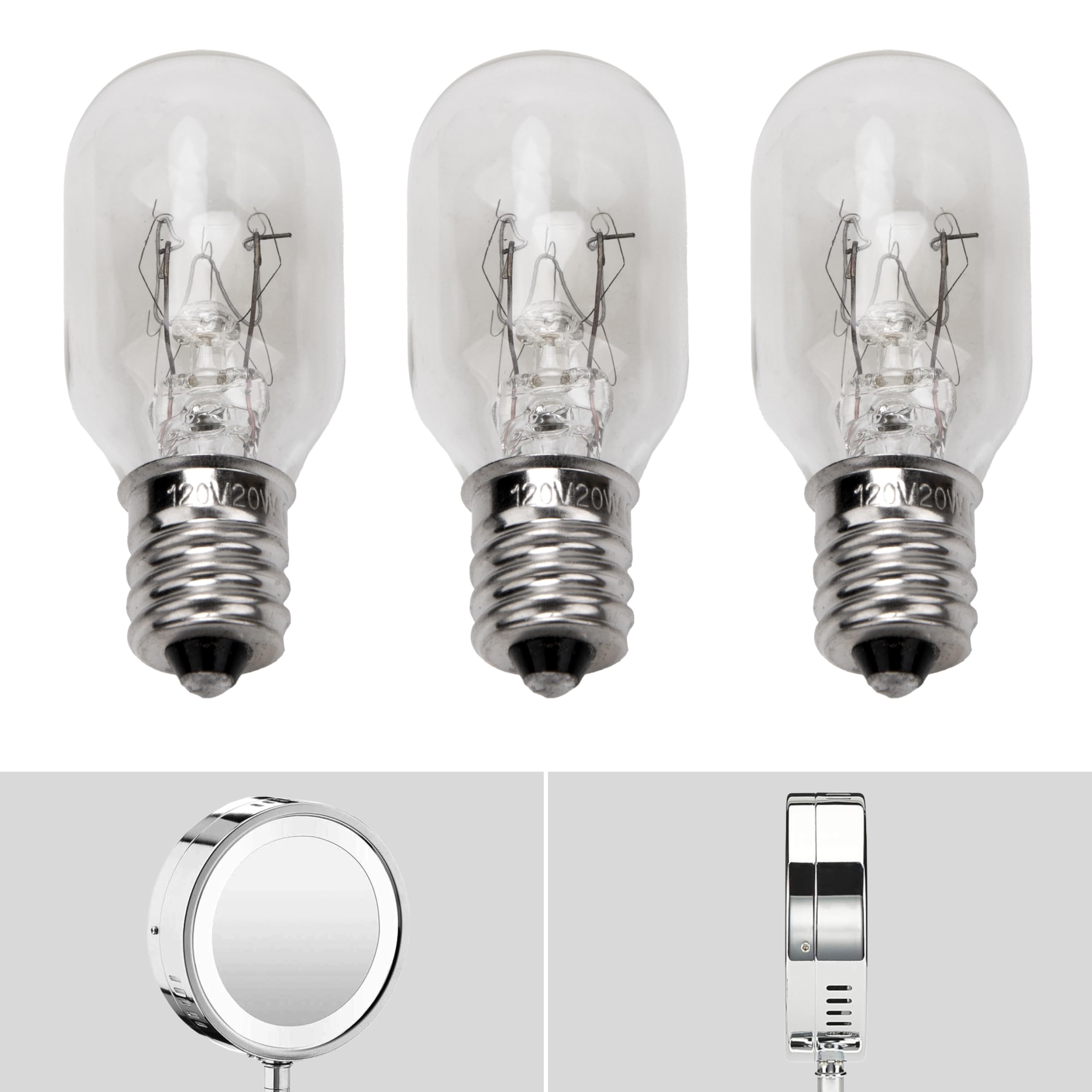 ZTTM 20W, 120V Incandescent Bulb Replacement, Suitable for Conair RP34B Illuminated Makeup Mirror, E12 Candle Holder Base, 2700K (20W 120V Bulb*3)