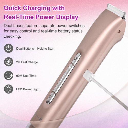 Bikini Trimmer for Women 2-in-1, Dual-Head Electric Razors for Women, IPX7 Waterproof Pubic Hair Trimmer, Facial & Body Electric Shaver, USB Rechargeable, LED Display, Rose Gold