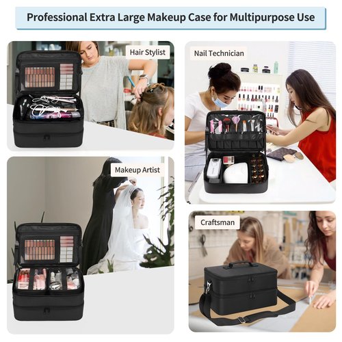 Extra Large Makeup Case, Professional Makeup Artist Traveling Bag, Double Layer Lightweight XL Makeup Travel Case Organizer for Artist Hairstylist Crafters with 2 Detachable Pouch & Shoulder Strap