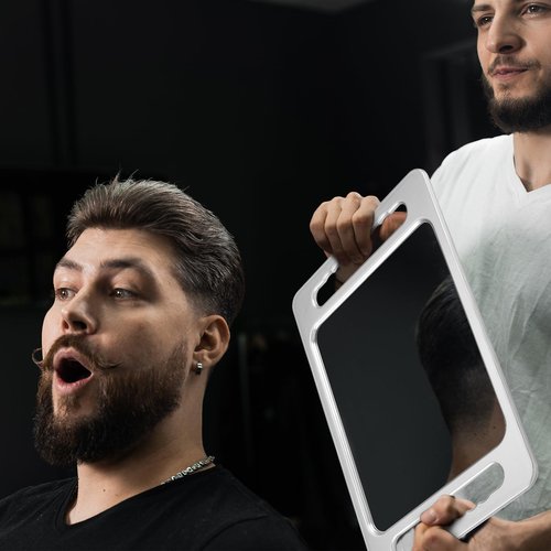 Kigley 2 Pcs Large Hand Mirror with Double Handle Barber Mirror Unbreakable Rectangular Hand Held Hair Salon Equipment Hairstylist and Barber Accessories, 15.75 x 9.84 Inches/ 40 x 25 cm (Silver)
