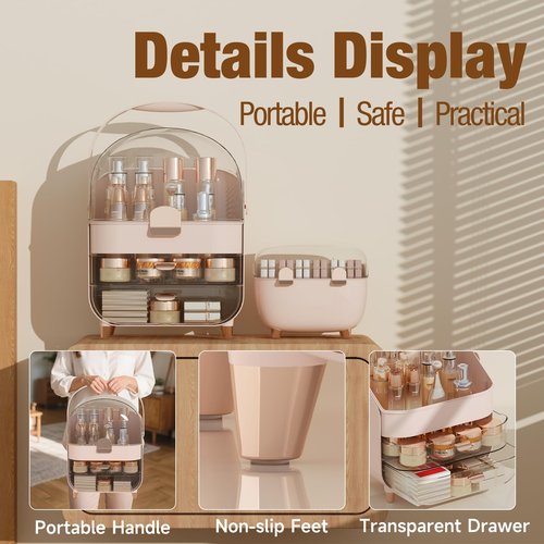 CLBDRESS Makeup Organizer for Vanity with perfume Storage Box, Countertop Skincare Organizer with 2 Drawers, Cosmetic Display Case for Perfumes, Eyeshadow Palettes, Nail Polishes, Pink