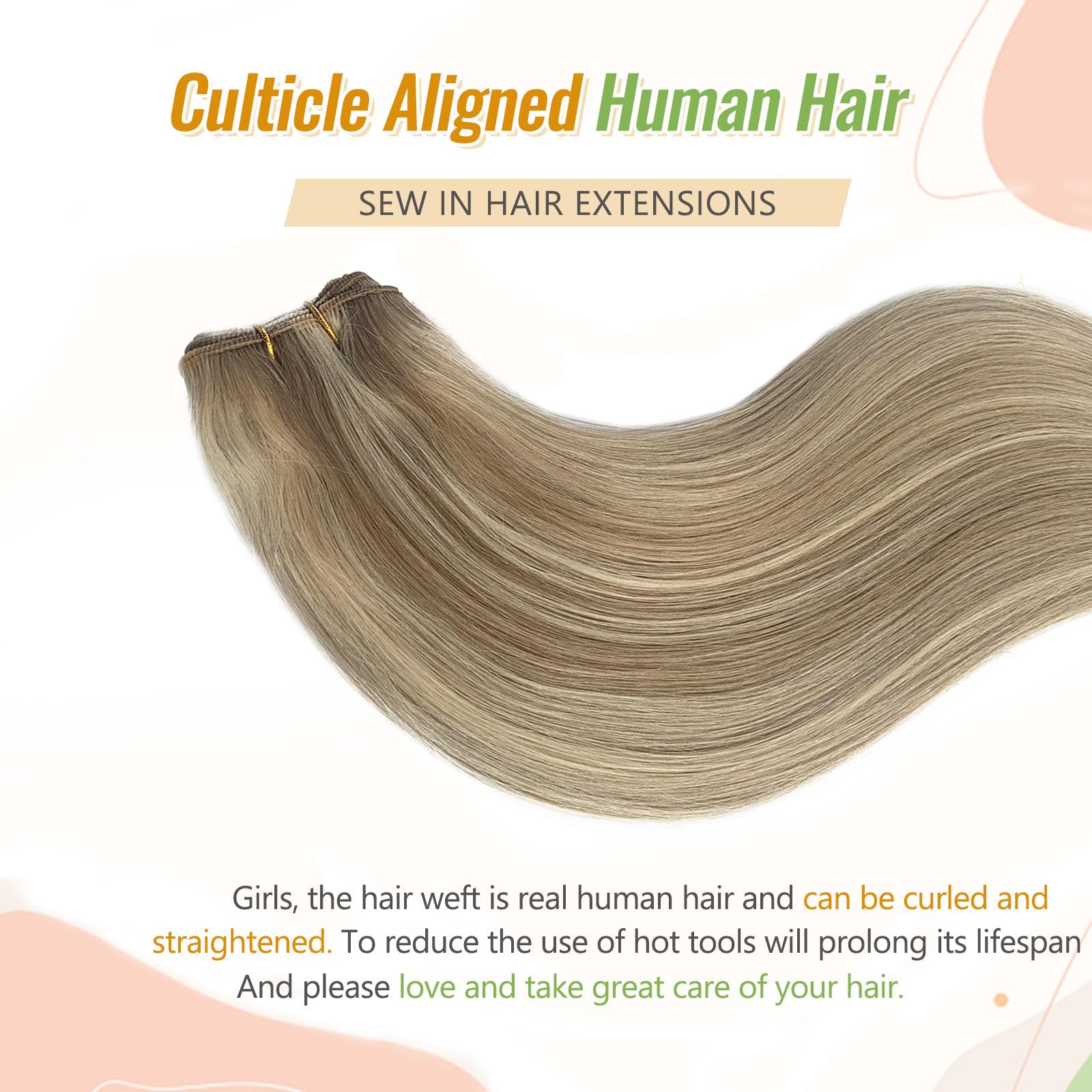 Weft Hair Extensions Sew in Real Human Hair Bundle Ash Blonde and Platinum Human Hair Extensions Hand Tied 12 Inch 80G Soft Straight Sew in Bundles Mixed with Blonde Highlights for Length/Volume