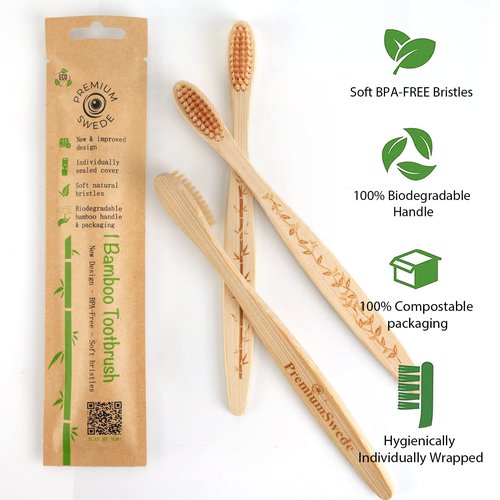 Premiumswede Bamboo Toothbrushes Soft Bristles Adult - 8 Pack Eco-Friendly Bamboo Toothbrushes Individually Wrapped - Sealed Soft Bristle Toothbrush - Biodegradable Natural Wooden Toothbrush