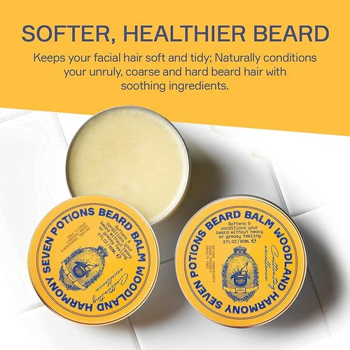 Seven Potions Beard Balm - 100% Natural Softener with Jojoba Oil | Nourishes, Softens & Stops Itch (2 oz, Woodland Harmony)