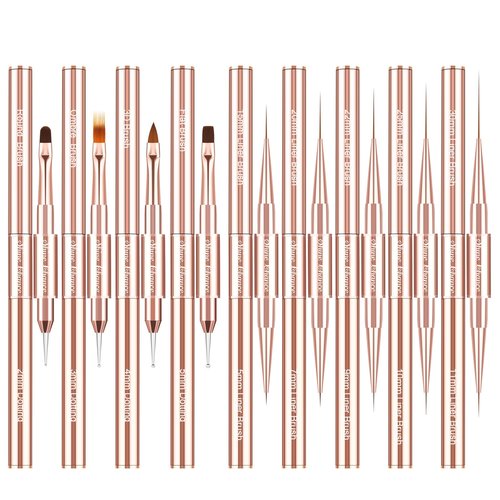 Shine Chance 9Pcs Nail Art Brushes Set, Professional Double-Ended Acrylic Liner Detail Brushes for Gel Polish Art Nail, 3D Art Nail Dotting Brush Pen for Manicure DIY Home Salon, Rosegold