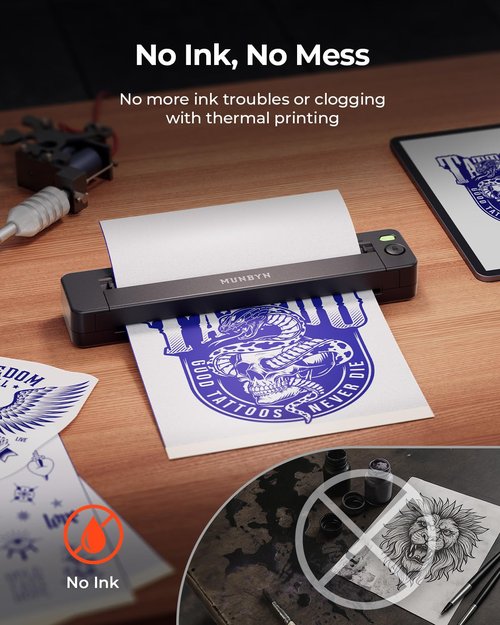 MUNBYN Tattoo Stencil Printer ITP06, 300DPI Wireless Thermal Tattoo Printer with 20 Transfer Papers, Tattoo Printers Compatible with Smartphone & PC for Tattoo Artists & Beginners