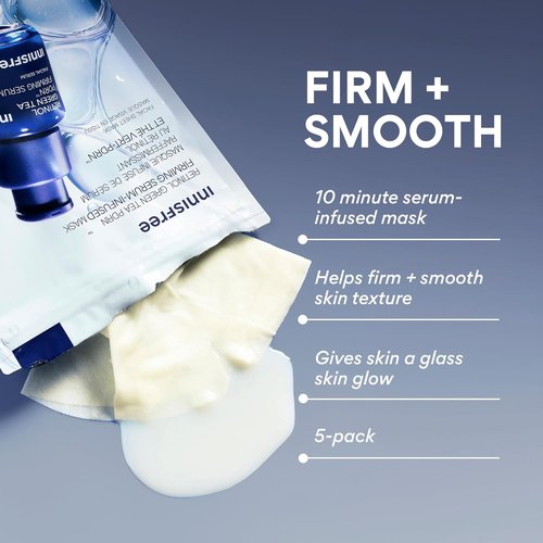 Innisfree Retinol Green Tea PDRNTM Serum Mask - 5 Pack Sheet Masks for Firming & Smoothing Skin