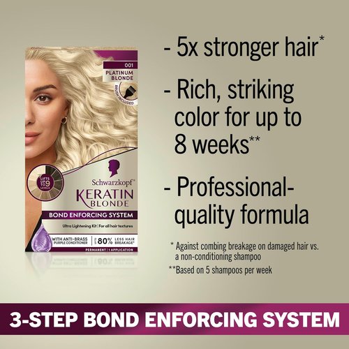 Schwarzkopf Keratin Blonde Hair Dye - 001 High Lift Platinum Blonde | Professional Permanent Color with Bond Enforcing System & Purple Conditioner