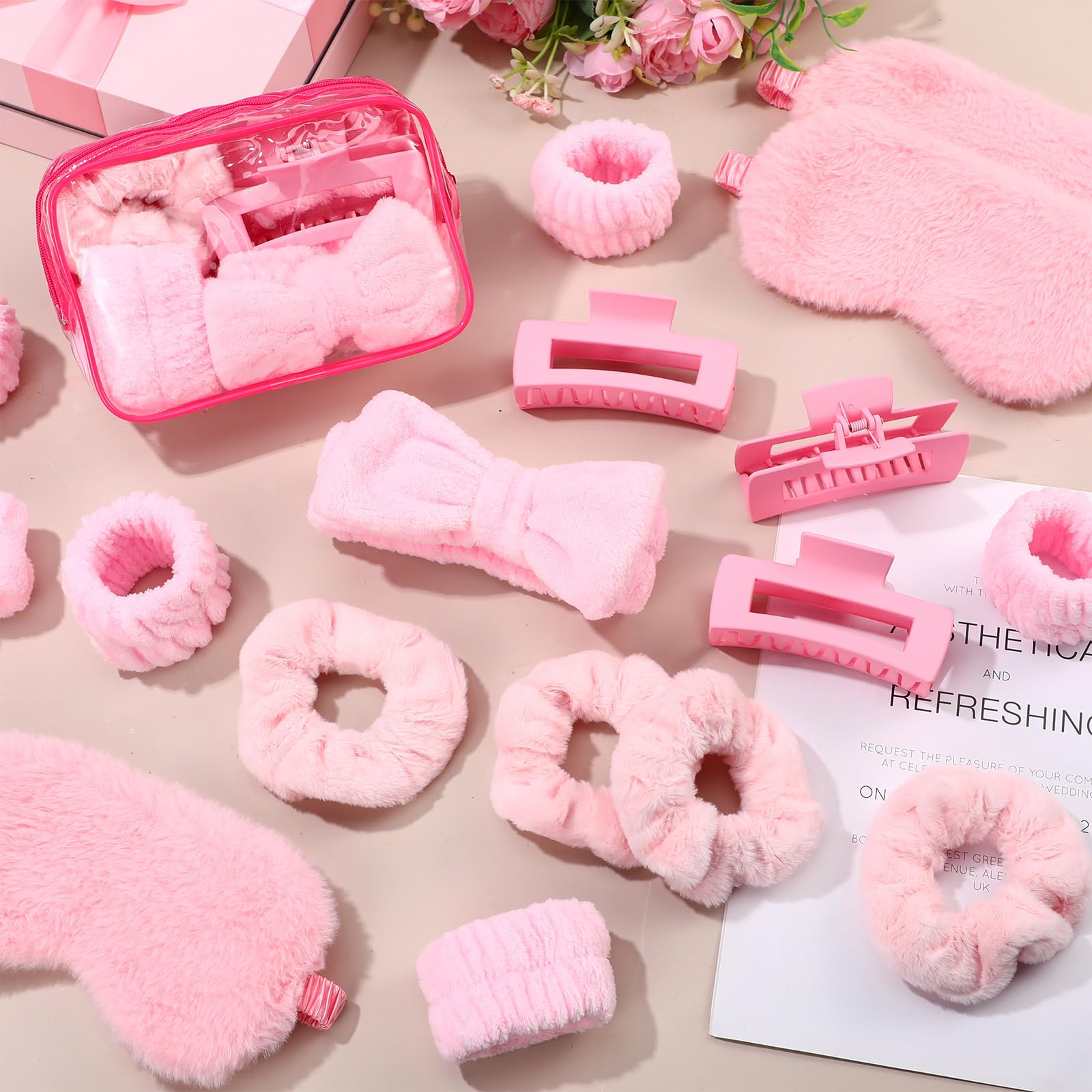 Wavyknot 42 Pcs Galentines Spa Party Supplies Sleepover Supplies Include Sleep Eye Mask Spa Headband Scrunchies Hair Claw Clips for Girls Slumber Party Favors Gift