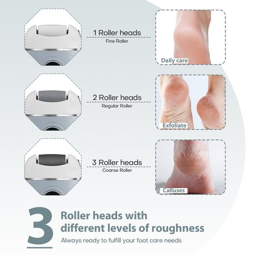 KAZLIE Electric Foot Callus Remover, Rechargeable & Waterproof Pedicure Tool with 3 Roller Heads, 2 Speeds for Dead, Hard, Cracked, Dry Skin Care