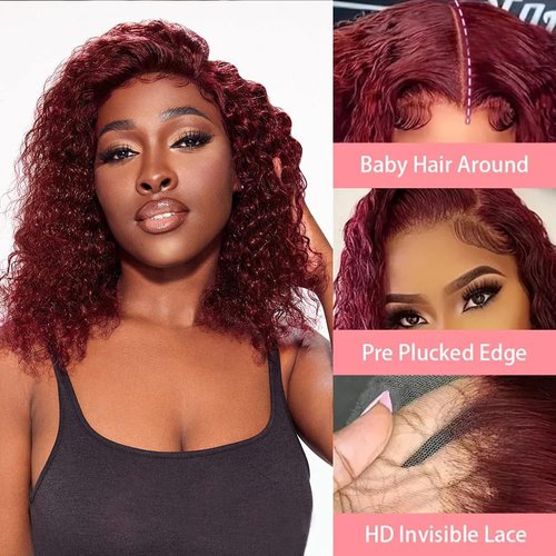 Jinhongze 99J Burgundy Curly Bob Wig Human Hair 13x4 Lace Front Wigs Human Hair Burgundy Deep Curly Wigs for Black Women Burgundy Short Curly Bob Wigs 10 Inch