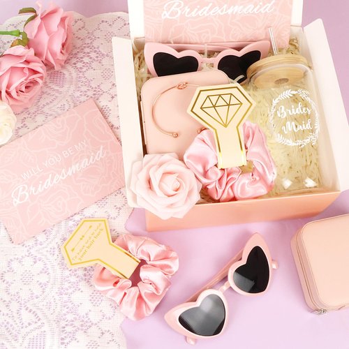 HOMENERGY 9 Pcs Bridesmaid Proposal Gifts - Will You Be My Bridesmaid Kit with Elegant Box Jewelry Box Glass Cup Invited Cards Knotted Bracelets Sunglasses Scrunchies Raffia Grass (Pink)