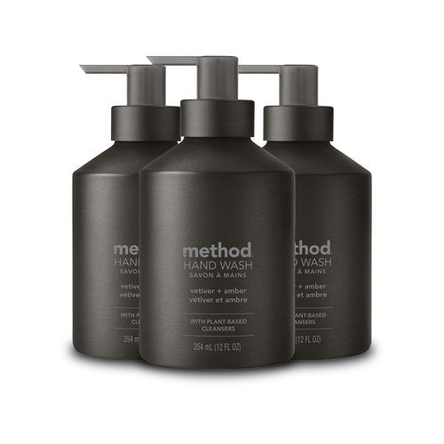 Method Gel Hand Soap, Vetiver + Amber, Reusable Black Aluminum Bottle, 12 oz (Pack of 3)