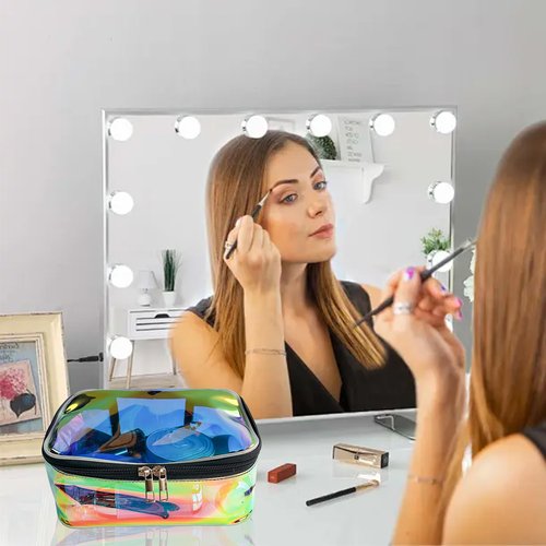 Holographic Clear Cosmetic Bags 2 pcs Transparent Iridescent Makeup Pouch Waterproof Organizer Case-Holographic Blue