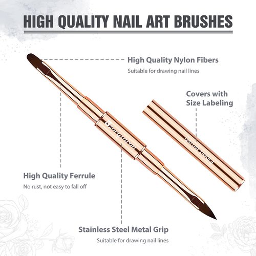 Nail Art Brushes for Nail Art, Professional 5Pcs Double-Ended Acrylic Nail Brush Set for Details, Long Lines, Ombre & 3D Design-Perfect for DIY Manicures & Salons (Gold)
