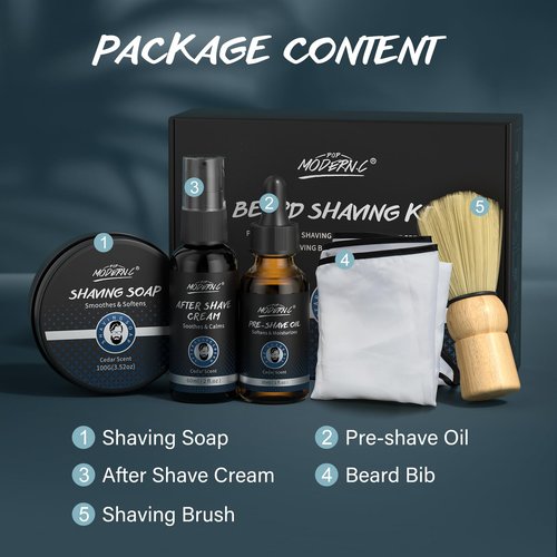 5Pcs Shaving Kit for Men Gift Set Includes Shaving Soap Butter Beard Bib Apron Pre Shave Oil After Shave Lotion Cream Shaving Brushes Mens Shave Christmas Birthday Day Fathers Day Stocking Stuffers