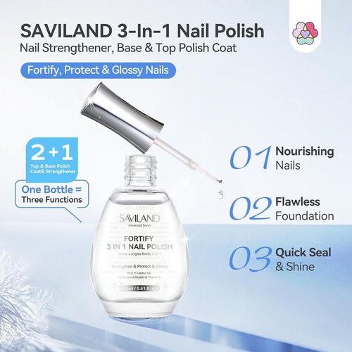 SAVILAND 3-in-1 Nail Strengthener & Top Coat - Quick Dry Clear Polish for Damaged Nails | 15ml