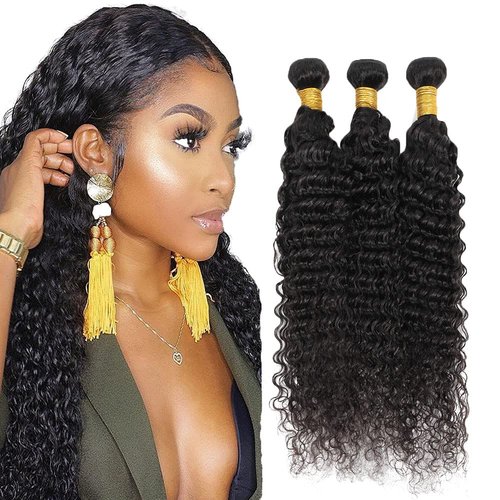 Deep Wave Bundles Human Hair 14 16 18 Inch #1B Natural Black Deep Curly Bundle Human Hair Extensions Unprocessed Virgin Remy Hair 3 Bundle 50 Gram Per Bundle
