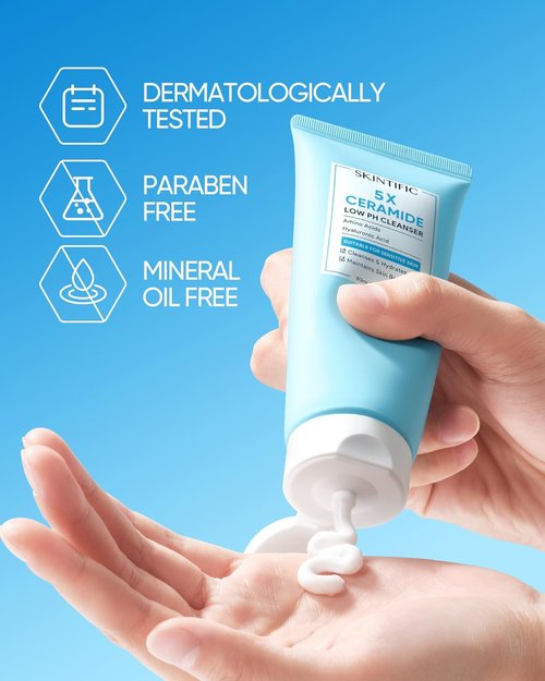 SKINTIFIC 5X Ceramide Facial Cleanser - Gentle Hydrating Daily Face Wash with Hyaluronic Acid for Dry to Normal Skin