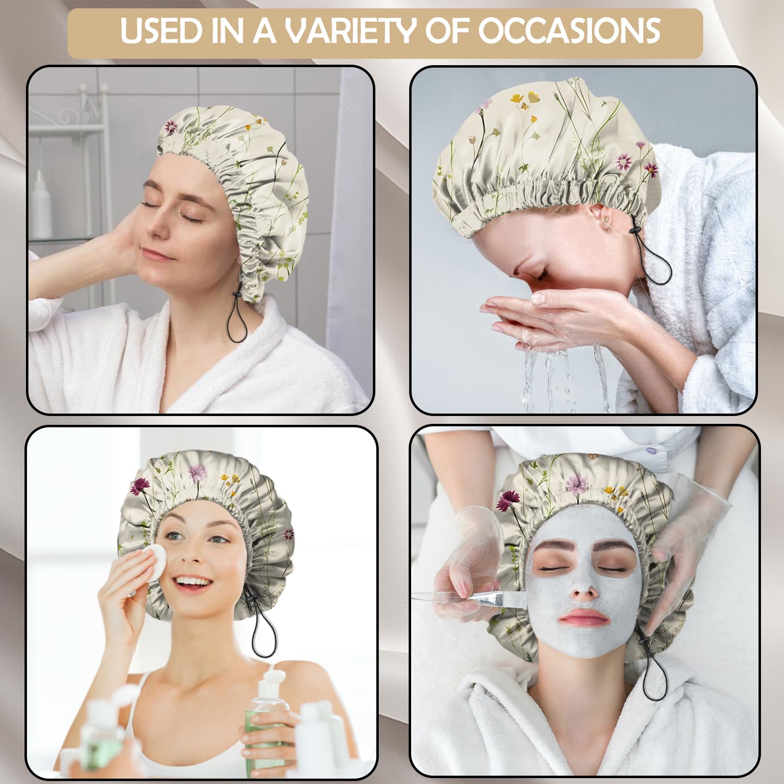 Zewurtuw 2 PCS Shower Cap Adjustable Reusable Double Waterproof Layer Elastic Hair Bath Cap Cute Aesthetic for Women Girls-Floral
