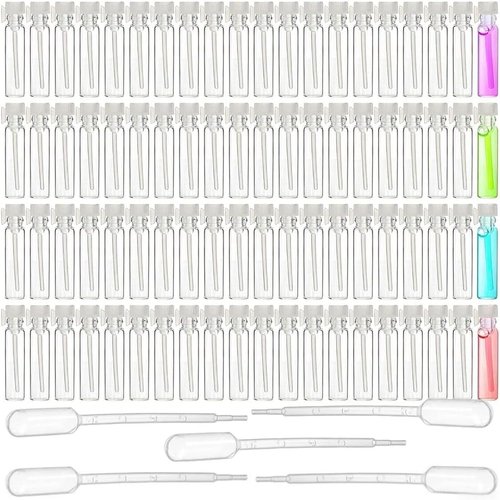 Mezchi 200Pcs Mini 1ml Clear Glass Perfume Sample Bottles with 5 Droppers, Empty Refillable Cologne Decant Bottles, Travel Tester Vials for Fragrance, Essential Oils, DIY Liquids