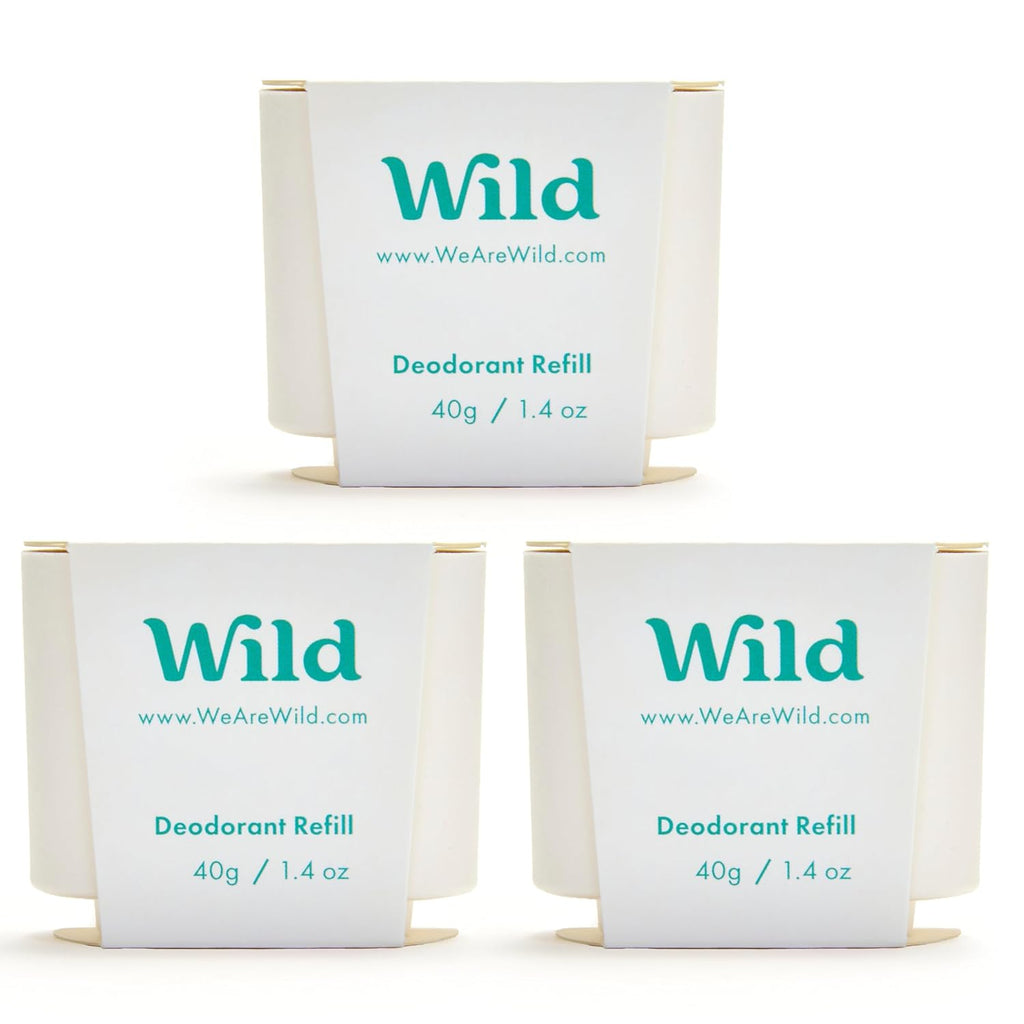 Wild Aluminum Free Refillable Deodorant - Fresh Cotton & Sea Salt Trio Pack | 98% Natural Ingredients, Vegan Friendly