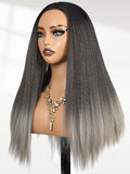 catti Half Wig Yaki Straight Ombre Black Grey Synthetic Hair 3 in 1 Kinky Straight Wigs Flip Drawstring Wig Glueless Wigs Ready to Go Headband Wig for Women 22 Inch