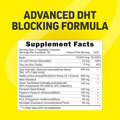 Foli Tonic Hair Growth Vitamins - DHT Blocker with Saw Palmetto & 10000mcg Biotin | 60 Vegan Capsules for Thicker, Fuller Hair